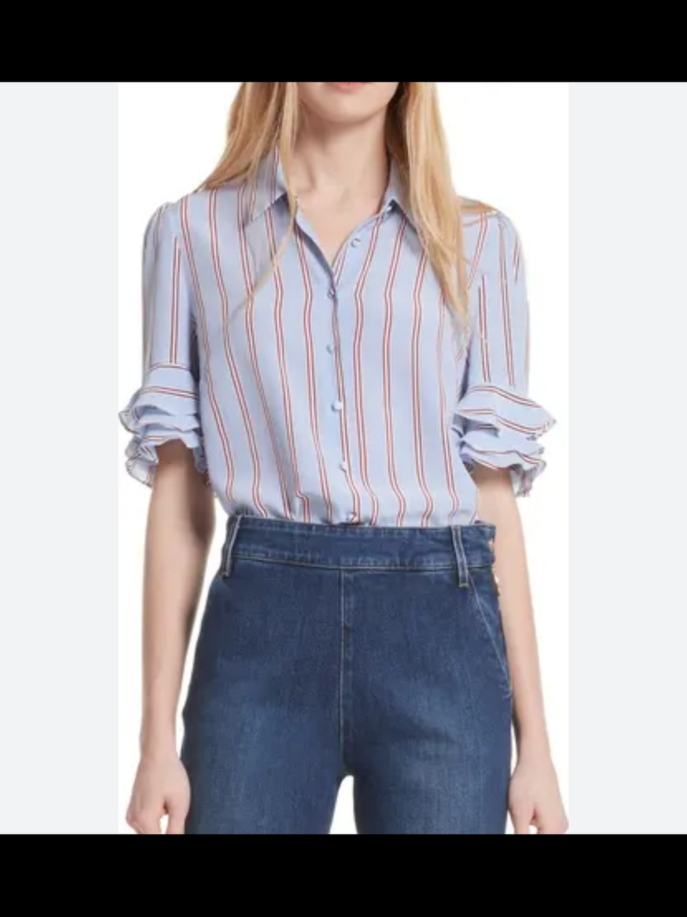 Frame Denim Blue Button-Front Stripe Shirt with Ruffle Sleeves